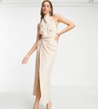 Asos Design Tall High Neck Pleated Front Midi Dress In Stone Linen-brown