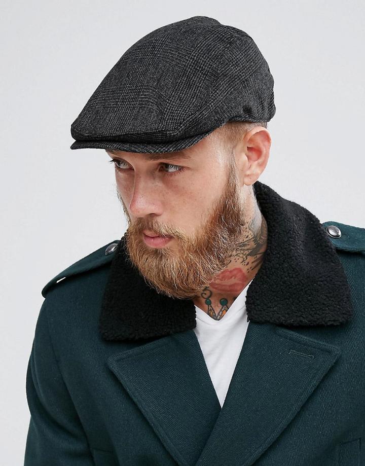 Asos Flat Cap In Prince Of Wales Check - Black