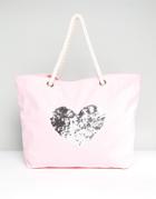 South Beach Blush Washed Cotton Beach Bag With Sequin Heart - Pink