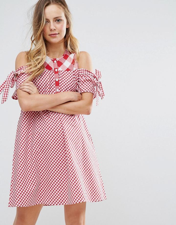 Influence Tie Sleeve Cold Shoulder Swing Dress In Gingham Mix And Match - Red