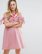 Influence Tie Sleeve Cold Shoulder Swing Dress In Gingham Mix And Match - Red