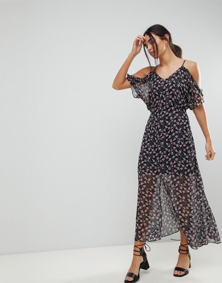 Liquorish Cold Shoulder Ditsy Floral Print Maxi Dress - Black