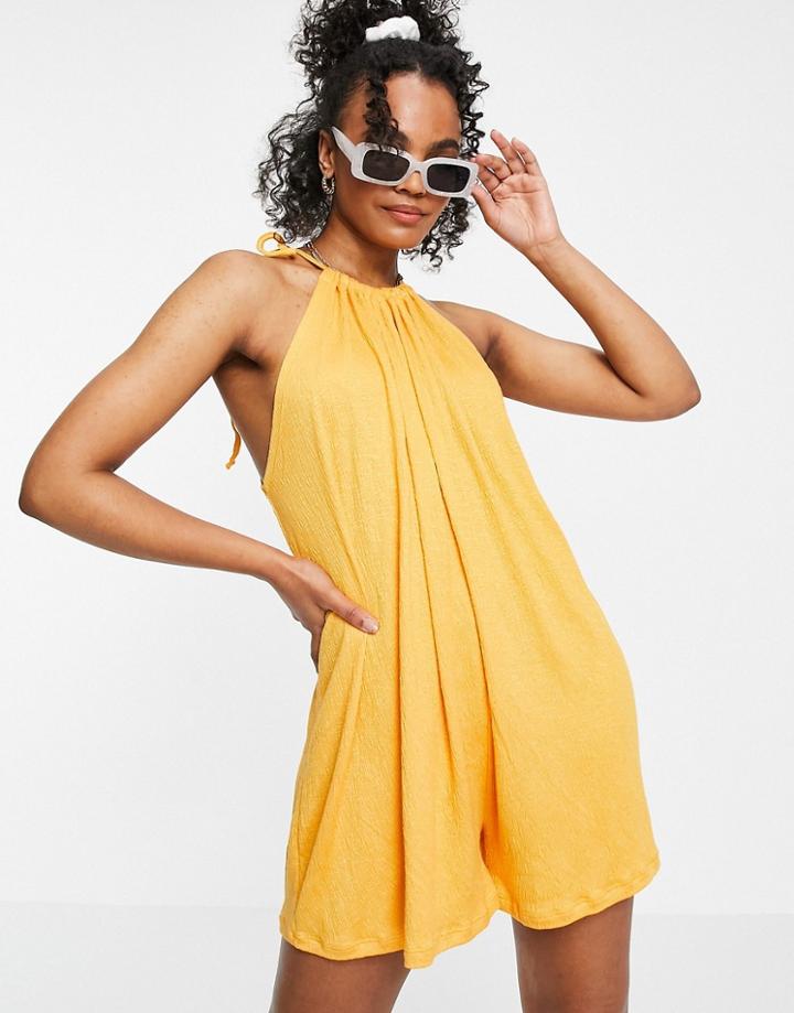 Asos Design Textured Tie Halter Romper In Pop Orange