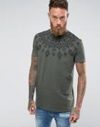 Asos Neppy Jersey Longline T-shirt With Geo-tribal Yoke Print - Green
