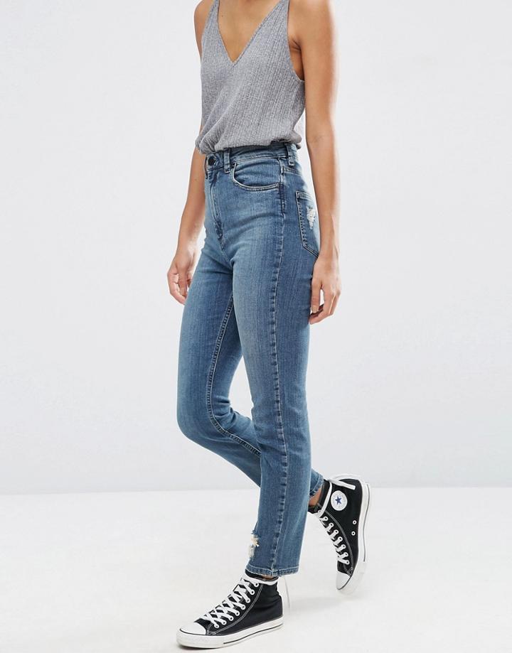 Asos Farleigh High Waist Slim Mom Jeans In Bebe Dark Stonewash Blue With Rips - Blue