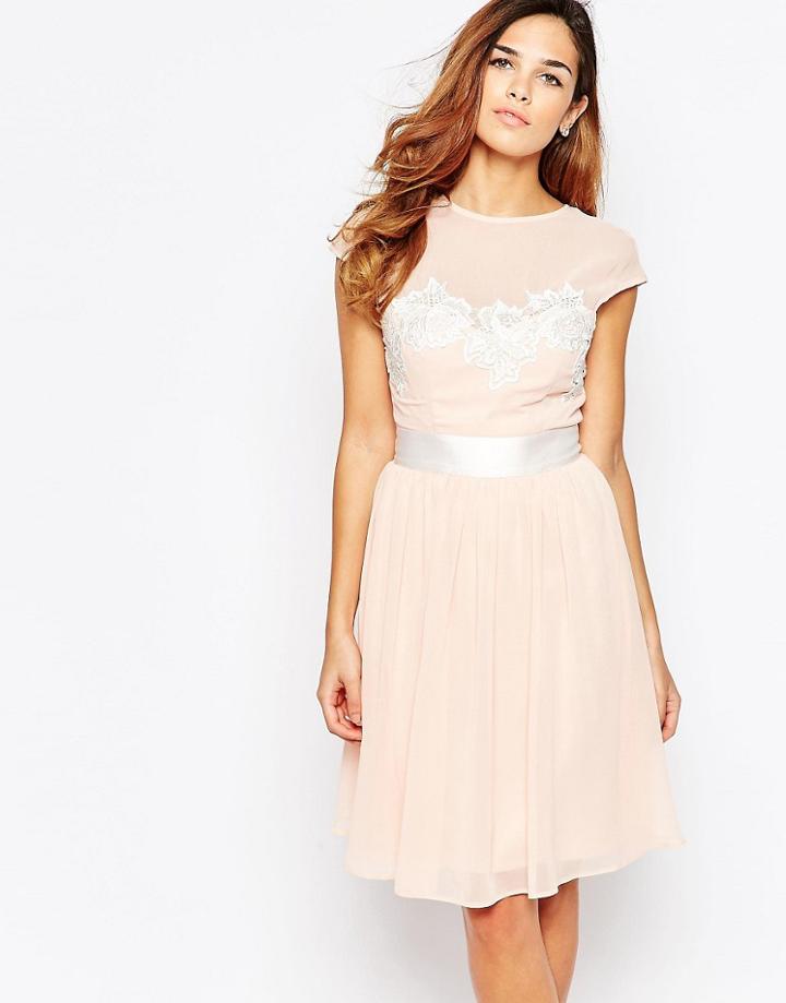 Elise Ryan Midi Skater Dress With Floral Lace Applique - Pink