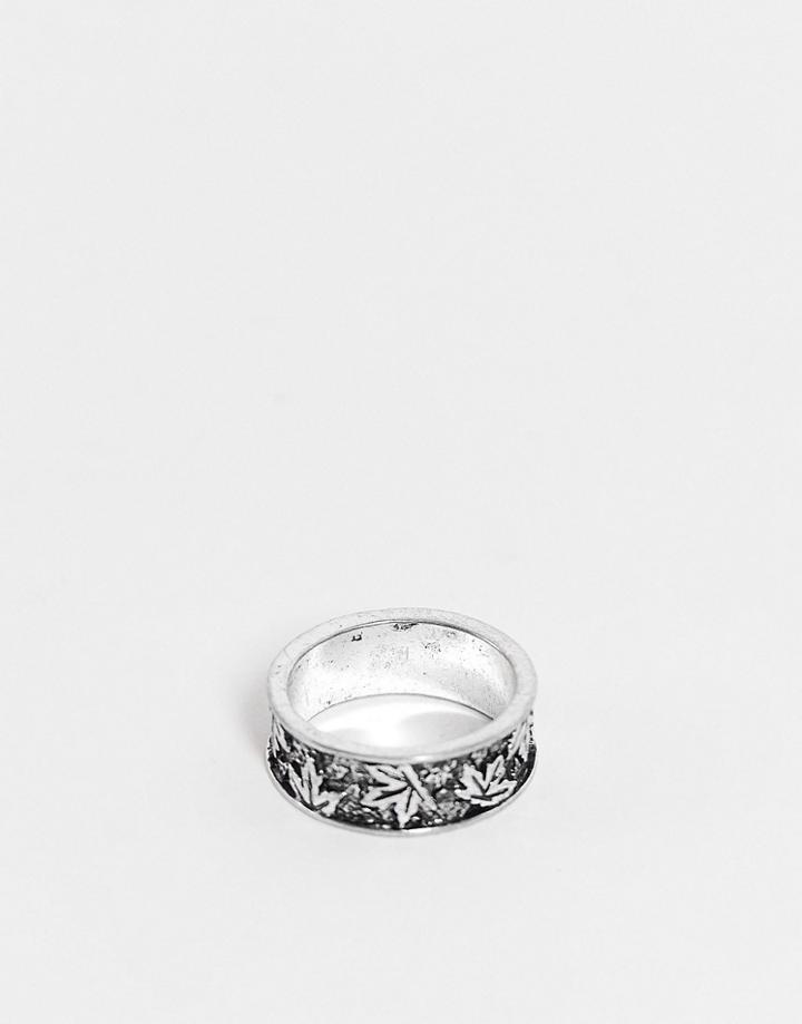 Asos Design Band Ring With Leaf Design In Burnished Silver Tone