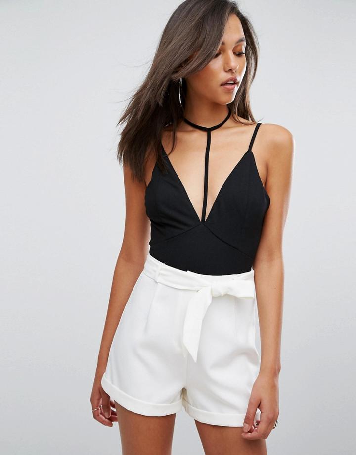 Parallel Lines Cami Plunge Body With Choker Strap - Black