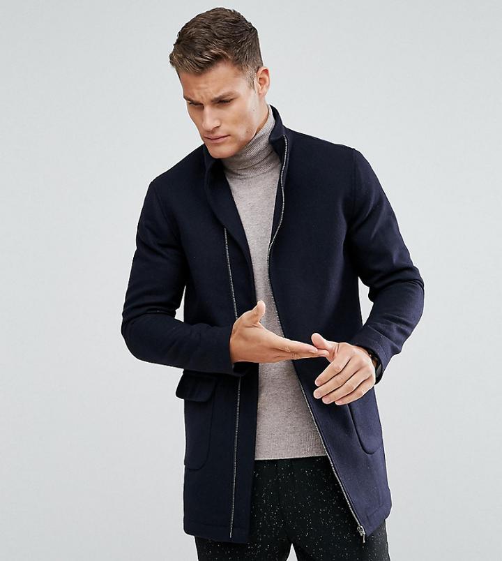 Noak Asymmetric Funnel Neck Overcoat - Navy
