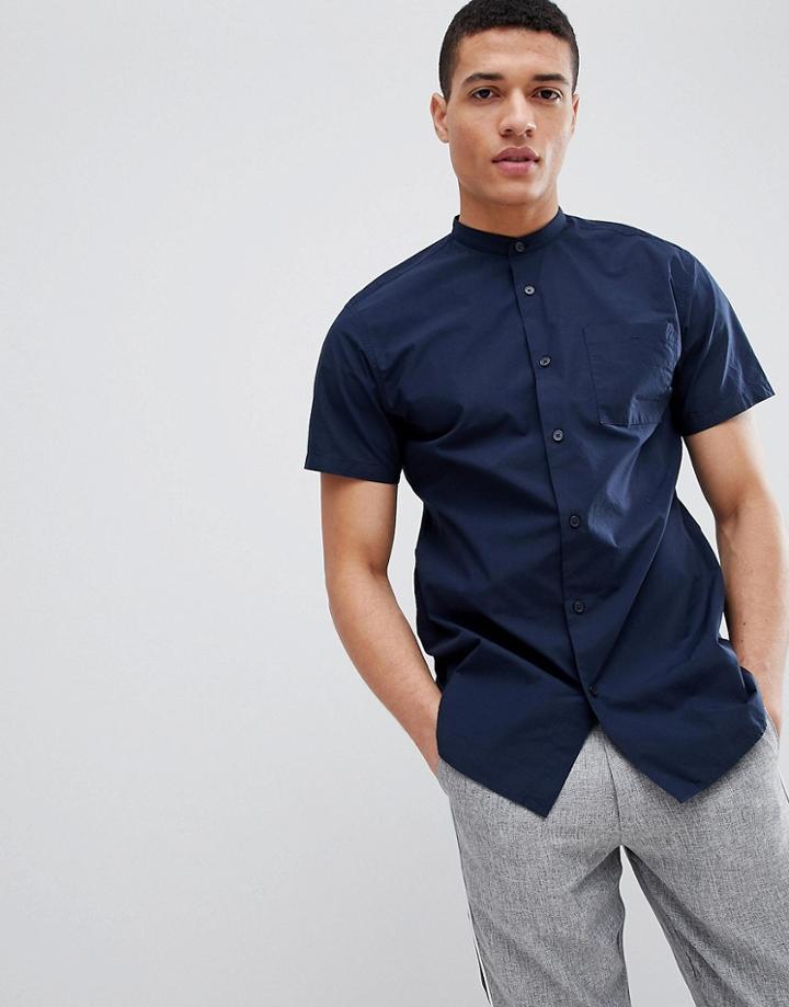 Selected Homme Short Sleeve Grandad Collar Shirt - Navy
