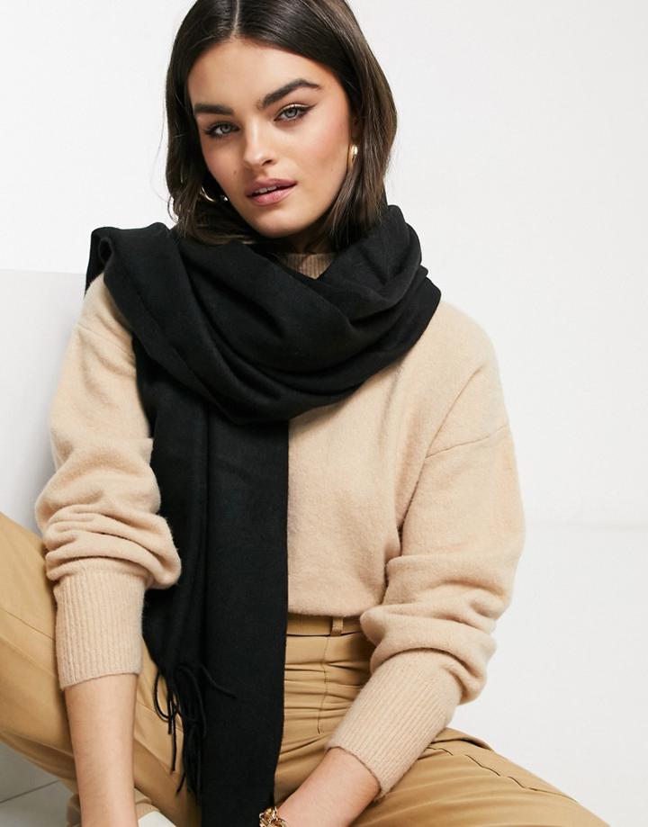 Asos Design Oversized Wool Mix Scarf With Fringe In Black