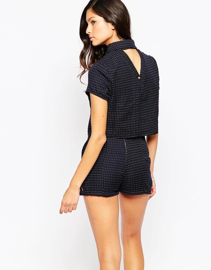 Harlyn Polka Dot Short Sleeve Crop Top With Open V Back - Navy