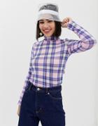 Monki High Neck Jersey Top With Plaid Print In Pink - Pink