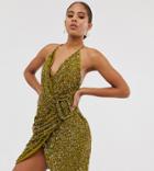 Asos Design Tall Allover Sequin Drape Mini Dress With Horn Buckle-brown