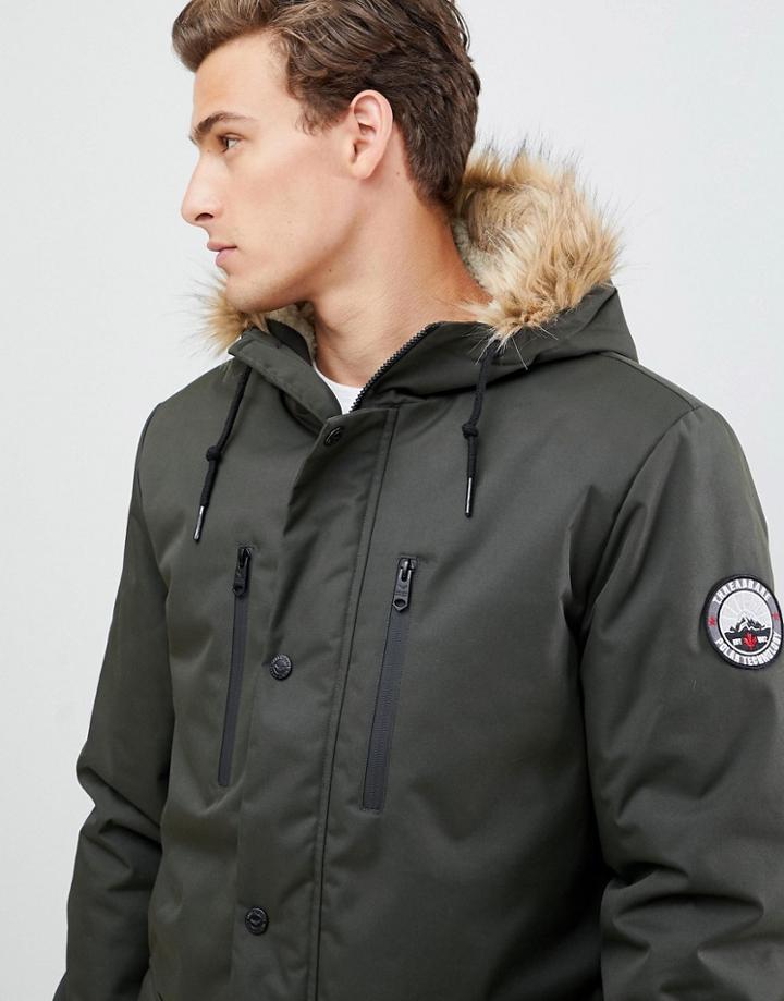 Threadbare Parka Coat With Faux Fur Trim Hood - Green