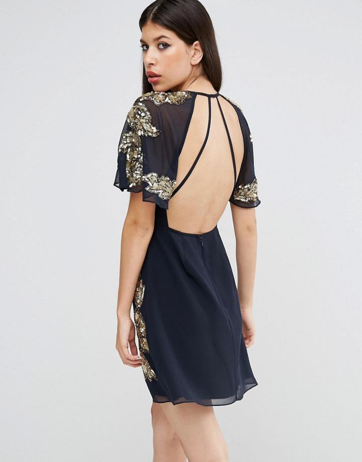 Asos Embellished Floral Flutter Sleeve Skater Mini Dress - Blue