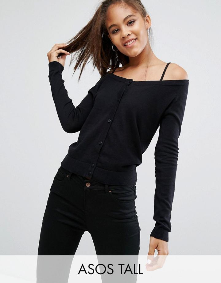 Asos Tall Cardigan In Fine Knit Off Shoulder Shape - Black