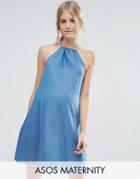 Asos Maternity Denim Halter Neck Sundress In Mid Wash Blue - Blue
