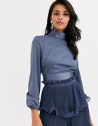 True Decadence High Neck Sateen Top With Blouson Sleeve And Back Bow Detail In Dark Blue - Blue