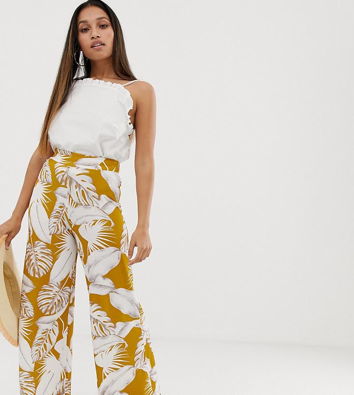 Asos Design Petite Wide Leg Pants In Palm Print - Multi