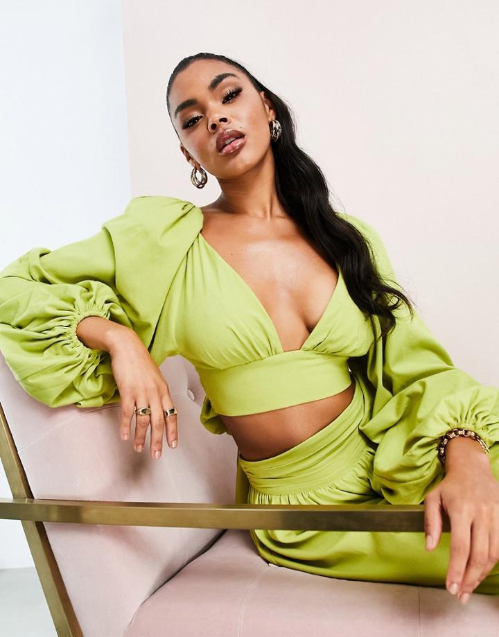 Asos Design Linen Look Puff Sleeve Top In Lime - Part Of A Set-green