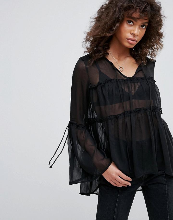 Neon Rose Tiered Ruffle Chiffon Blouse - Black