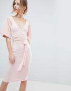 Silver Bloom Wrap Front Midi Dress With Open Back And Tie - Pink