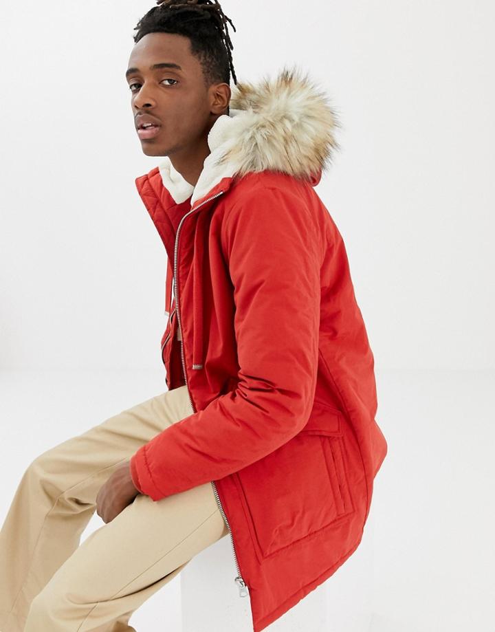 Pull & Bear Fleece Lined Parka In Red - Green