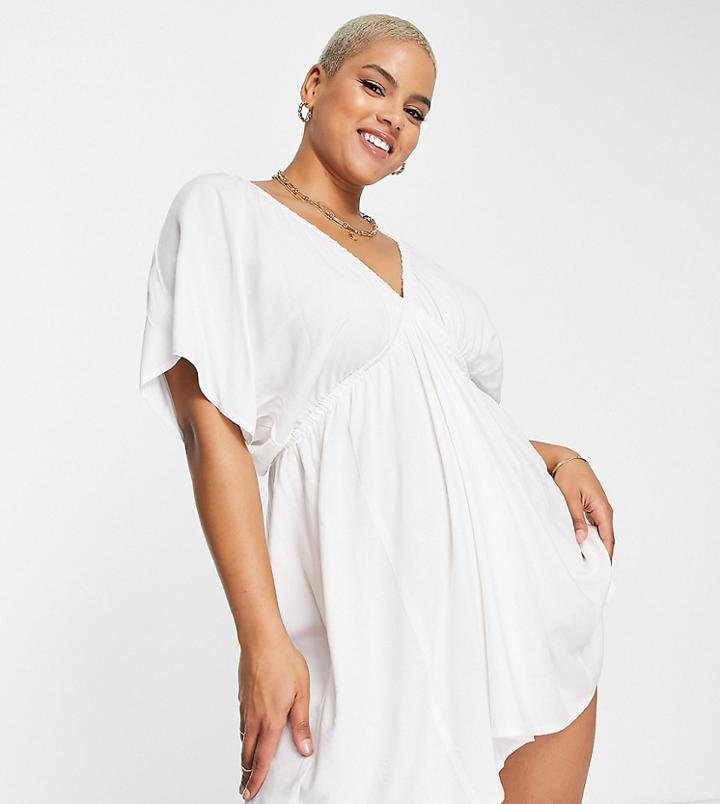 Asos Design Curve Recycled Flutter Sleeve Mini Beach Dress In White