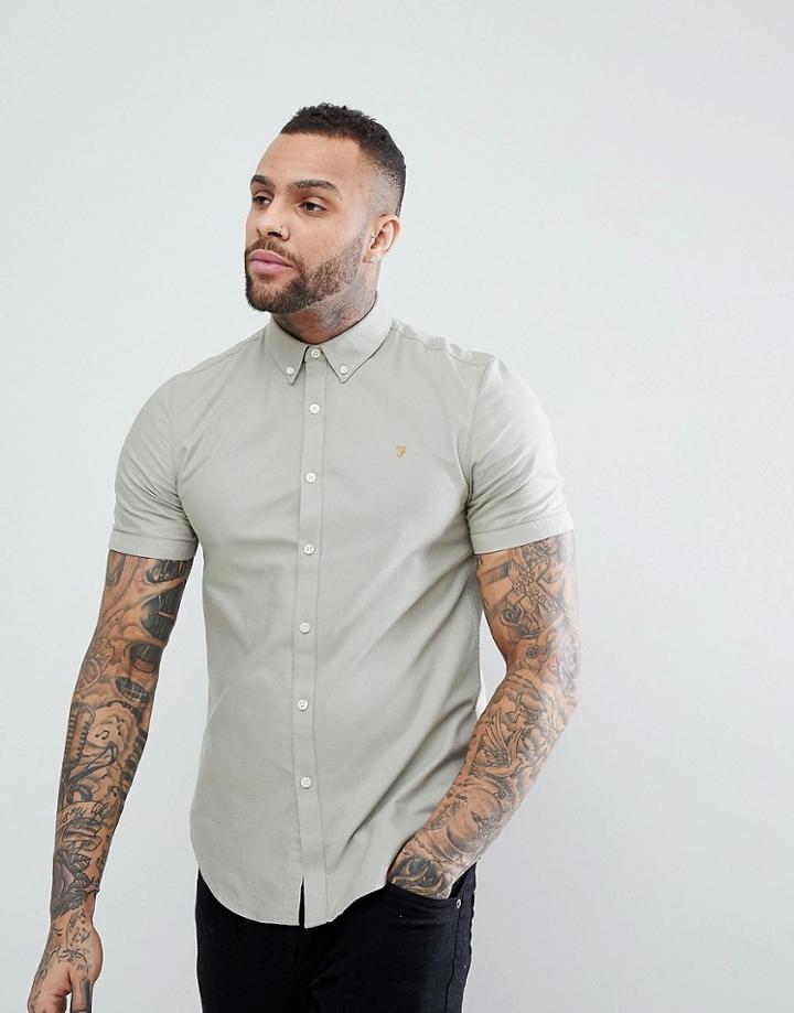 Farah Brewer Slim Fit Short Sleeve Oxford Shirt In Green - Green
