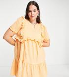 Neon Rose Plus Ruffle Front Smock Dress In Textured Apricot-orange