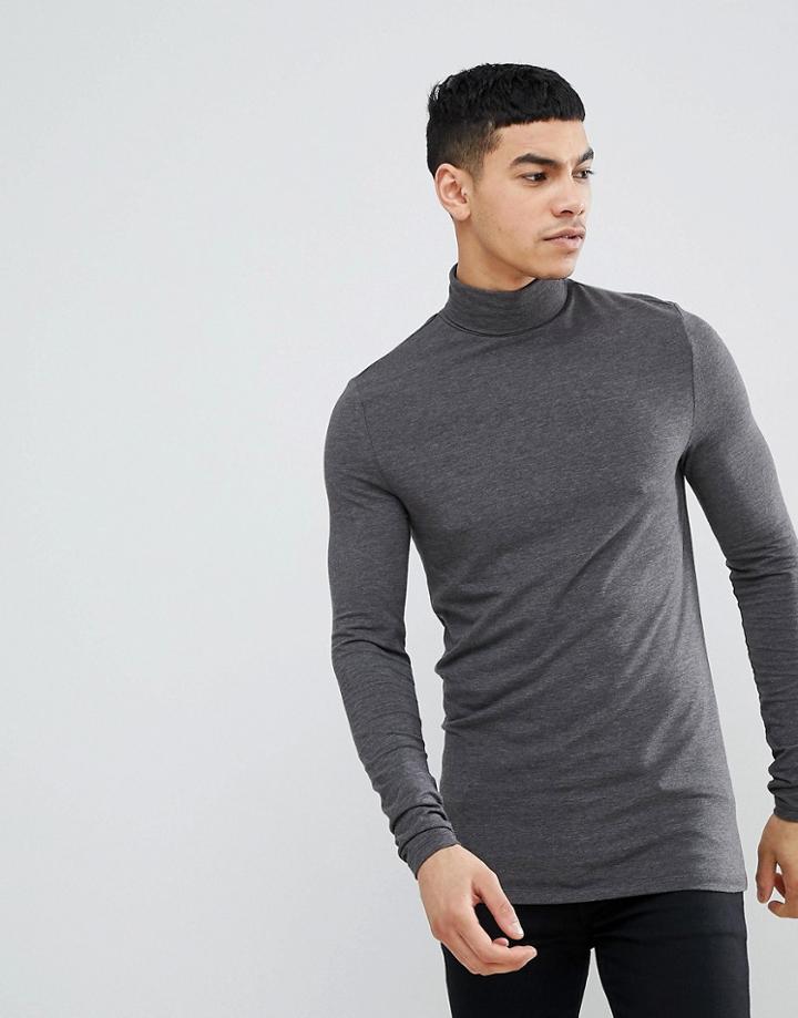Asos Design Muscle Fit Long Sleeve T-shirt With Roll Neck - Gray