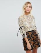 Fashion Union High Neck Blouse In Floral With Tie Sleeves - Yellow