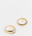 Asos Design 14k Gold Plated Pack Of 2 Rings In Thick Band Design With Crystal