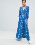 Custommade Printed Maxi Dress With Kimono Sleeve - Blue