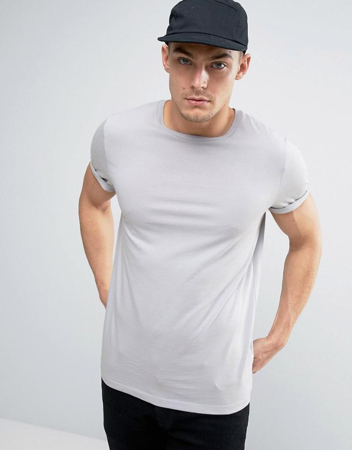 Asos T-shirt With Roll Sleeve In Pale Blue - Blue