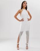 Asos Design Embroidered Halter Fringe Midi Dress-white
