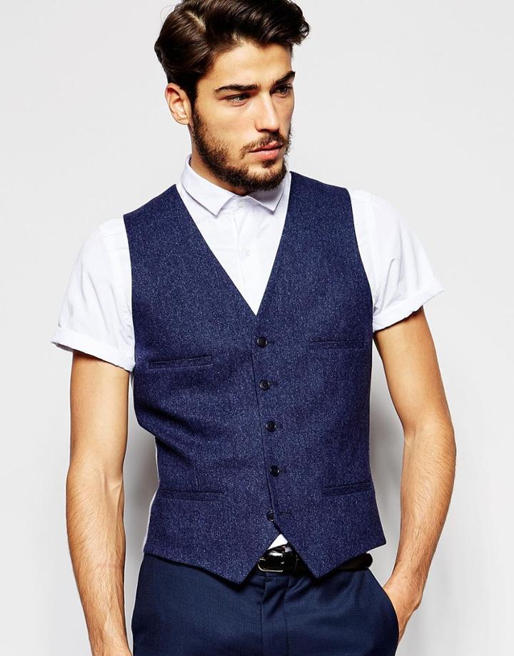 Noak Wool Vest In Skinny Fit With Fleck - Navy