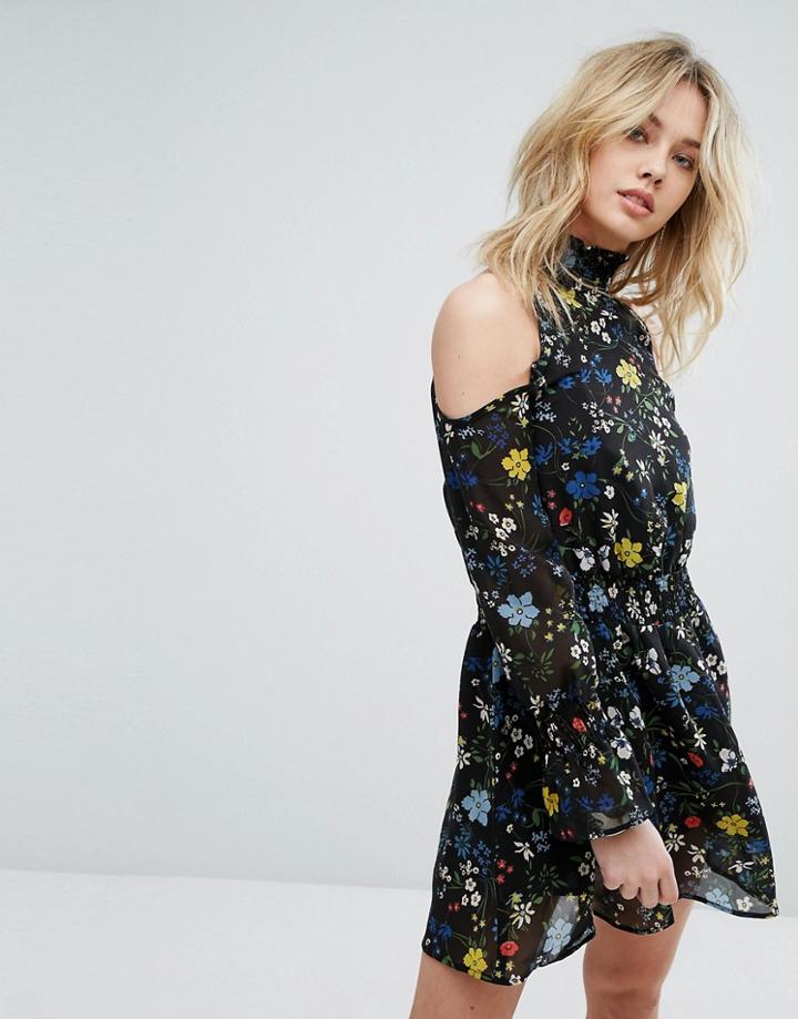 Influence Floral Cold Shoulder Dress - Black