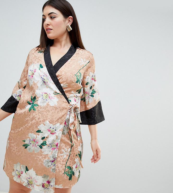 Asos Design Curve Kimono Wrap Mini Dress In Floral Jacquard Print - Multi