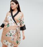 Asos Design Curve Kimono Wrap Mini Dress In Floral Jacquard Print - Multi