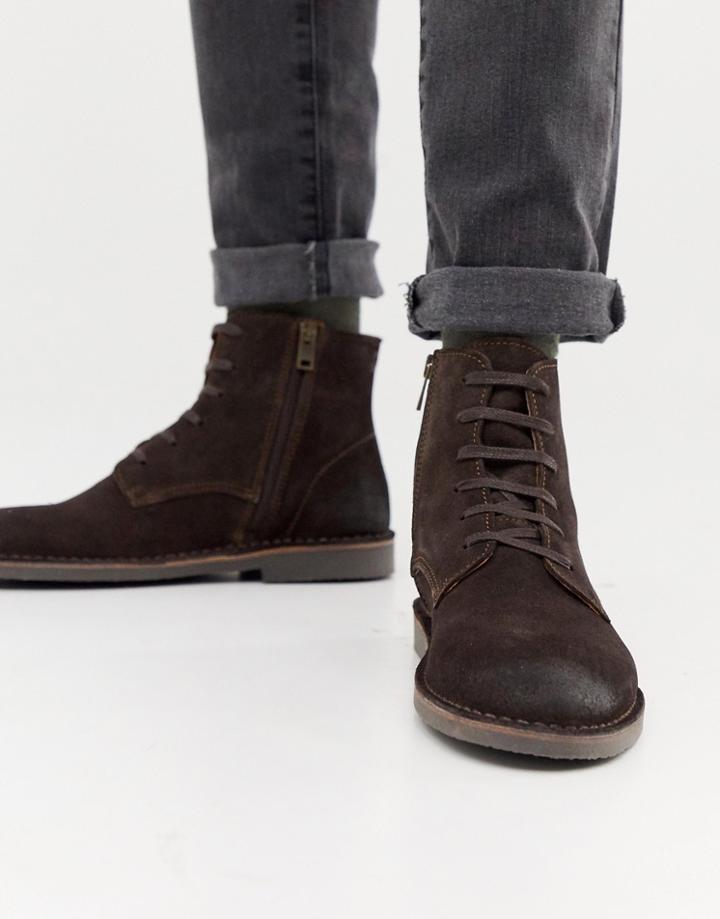 Selected Homme Suede Lace Up Boot On Crepe Sole - Brown