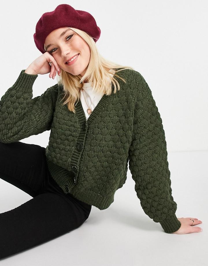 Monki Recycled Textured Knit Cardigan In Dark Green