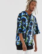 Asos Design Festival Oversized Short Sleeve Hoodie With Alien Graphic In Poly Tricot - Black