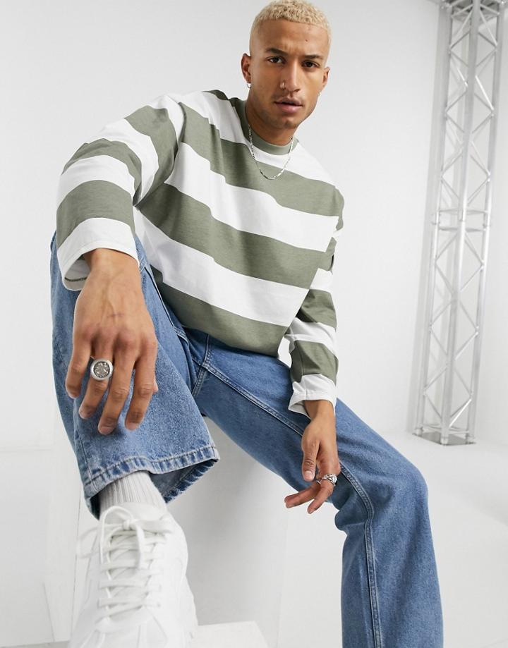 Asos Design Oversized Long Sleeve T-shirt In Green Wide Stripe