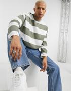 Asos Design Oversized Long Sleeve T-shirt In Green Wide Stripe