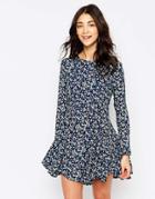 Yumi Ditsy Print Dress With Long Sleeves - Blue