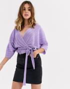 Asos Design Plisse Wrap Top With Tie Waist-purple
