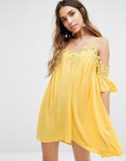 Kiss The Sky Cold Shoulder Cami Swing Dress With Lace Trims - Yellow