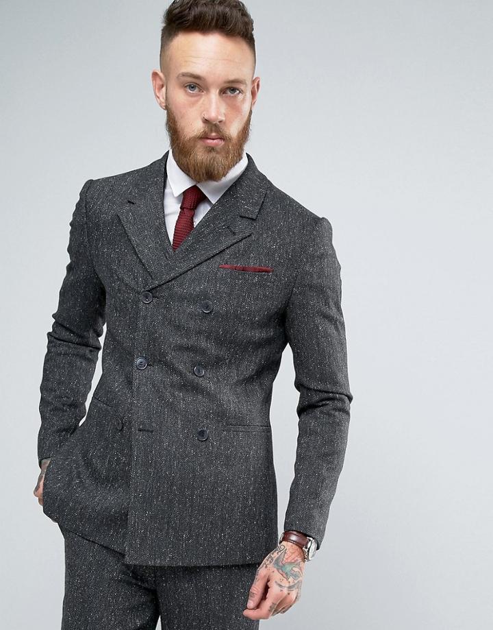 Asos Skinny Double Breasted Suit Jacket In Herringbone - Gray